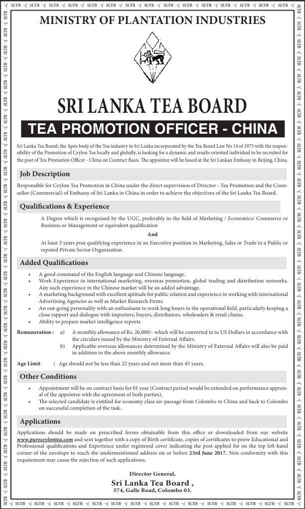 Tea Promotion Officer (China) - Sri Lanka Tea Board